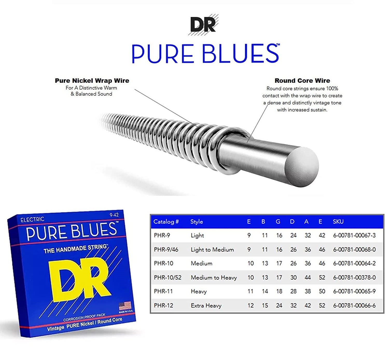 DR Strings Pure Blues Pure Nickel Wrap Round Core 9-42 