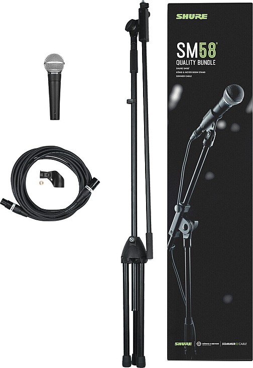 Shure SM58 Quality Bundle. Mic SM58, Cable, Mic Stand, Mic Clip.